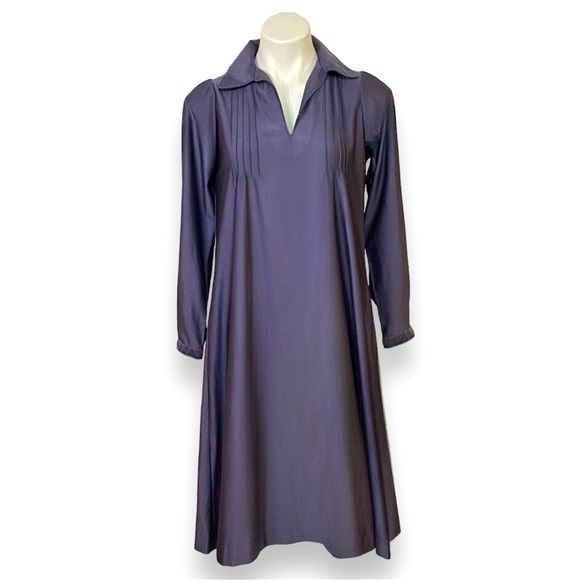 Vintage Dresses & Skirts - Vintage 60’s 70’s Collared Nylon Shift Dress Midi Long Sleeve